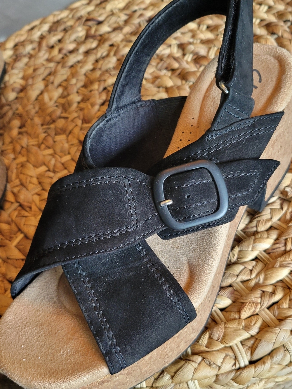 Clarks Black Suede Adjustable Buckle Comfort Sandal